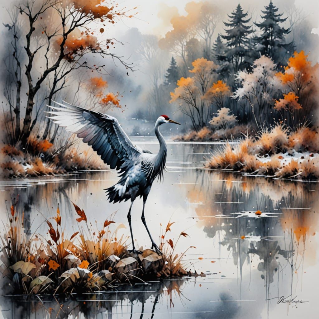 Winter crane on autumn misty lake Beautiful masterpiece. This artwork harmoniously blends Willem Haenraets ...  by @C Santa