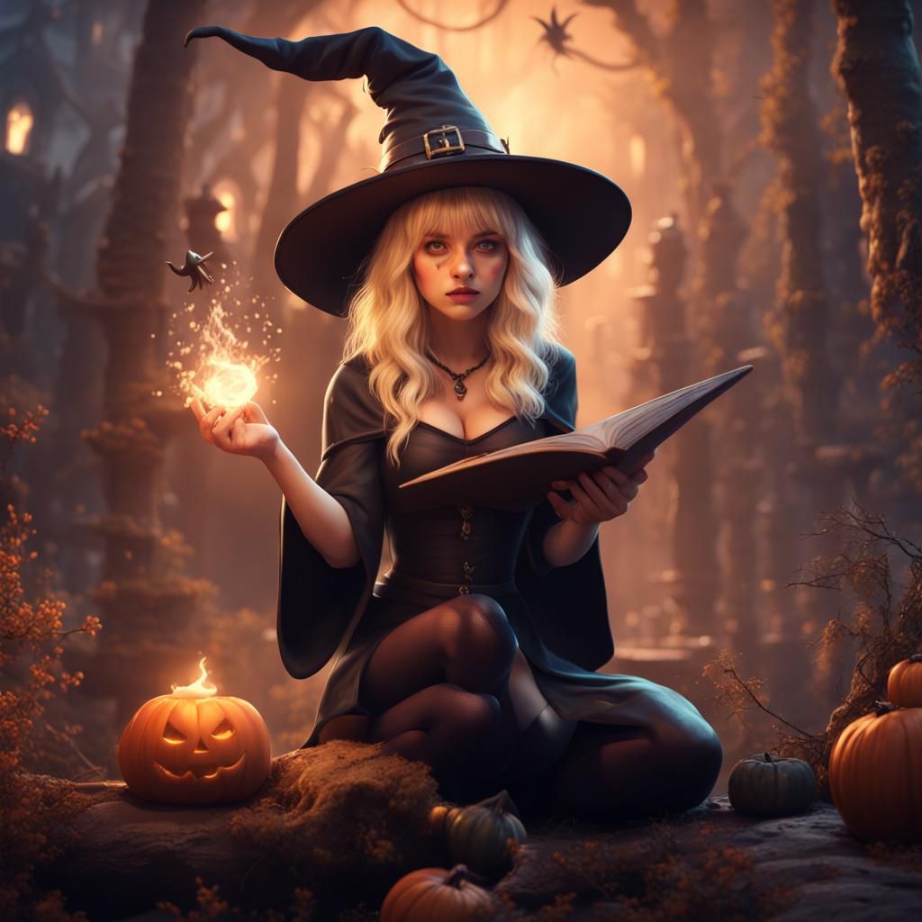 blonde witch casting a spell