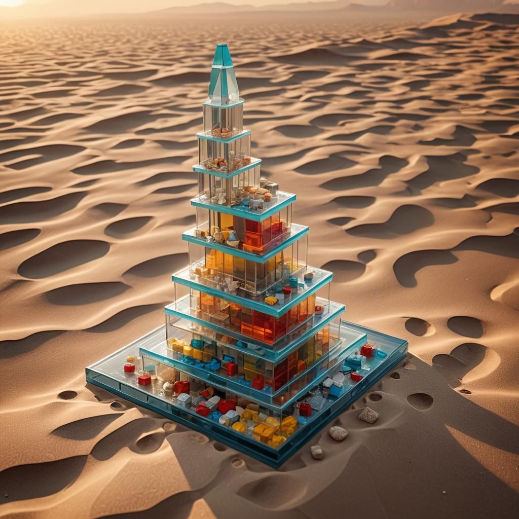 Transparent Glass Lego Tower in Desert Landscape