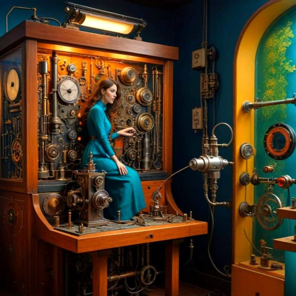 Eccentric Lady in a Whimsical Scientific Wonderland
