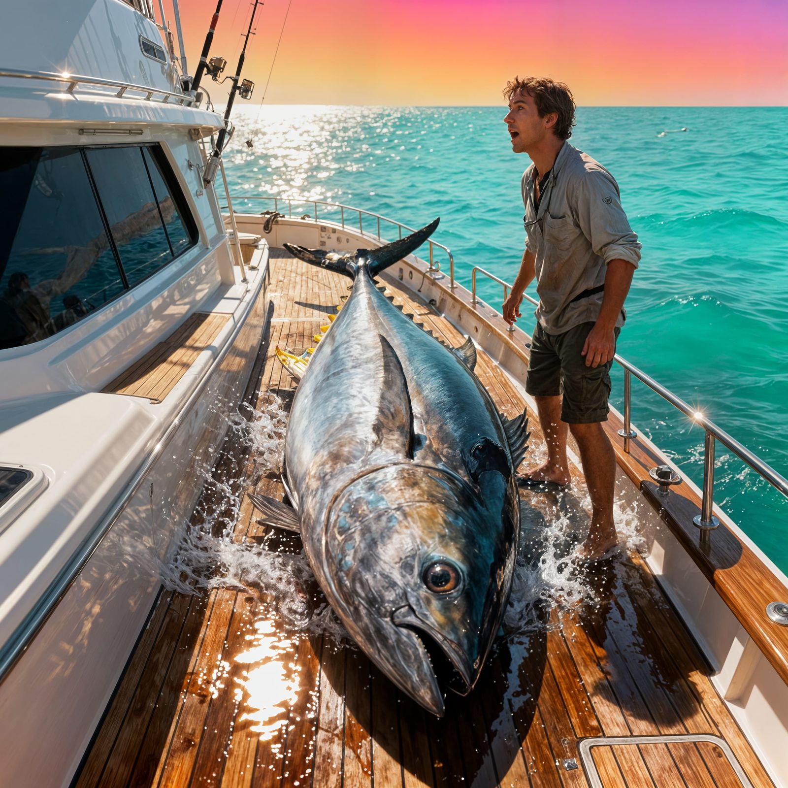 A fisherman stands on the deck of a yacht next to an enormous tuna lying on the boards. The fish is so ...  by @Likra