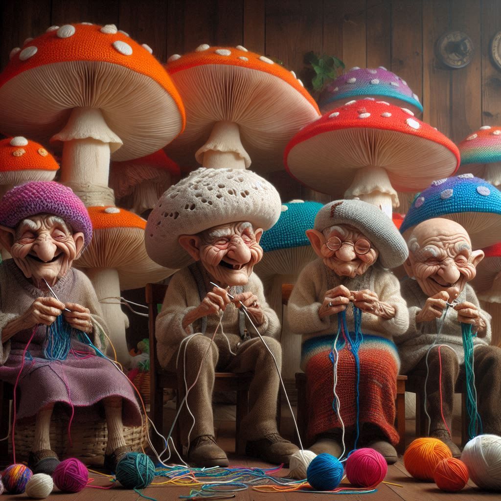 Crazy mushrooms sit in a group. Like old men, they crochet with colorful threads and the room is full of crocheted thing...