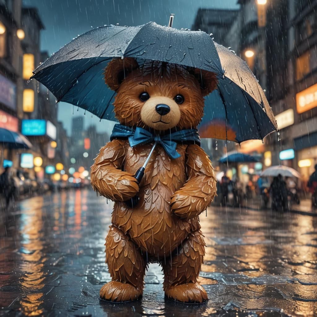 Anime Teddy Bear in Rain, Digital Illustration