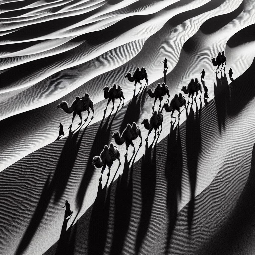 caravan of camels, desert landscape