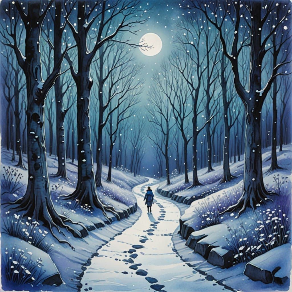 Walking through a winter forest under full moon, light dusting of snow, paper qullling style