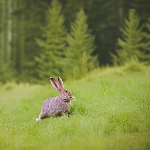 A rabbit running in a meadow bordered by a forest of fir trees. AI