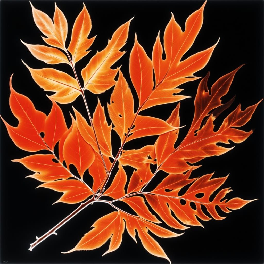<lora:Autumn Graphic:1.0> Rayograph Photogram bright leaves of autumn