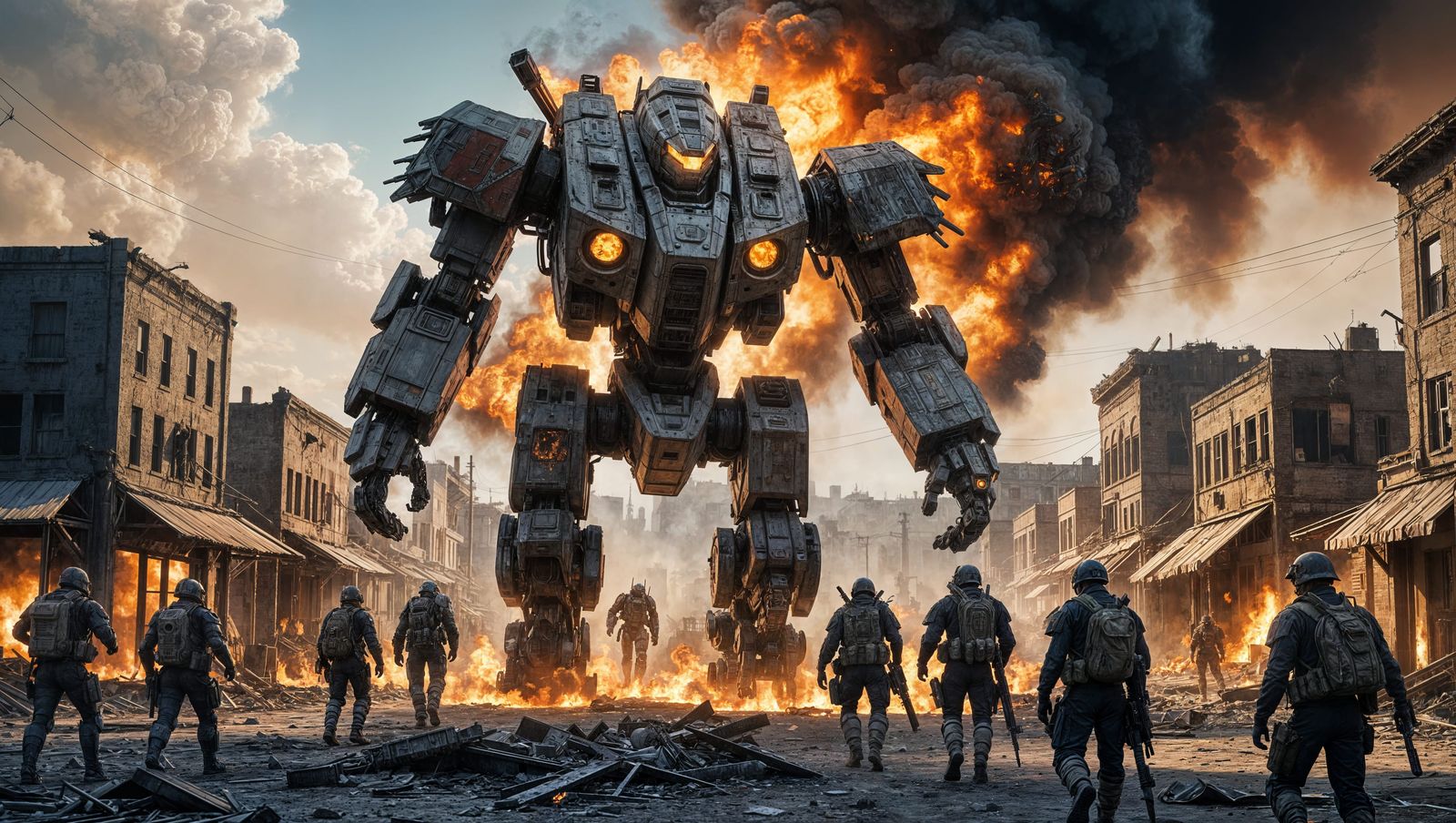 A damaged battle-mech emerges out of a burning town with sol...