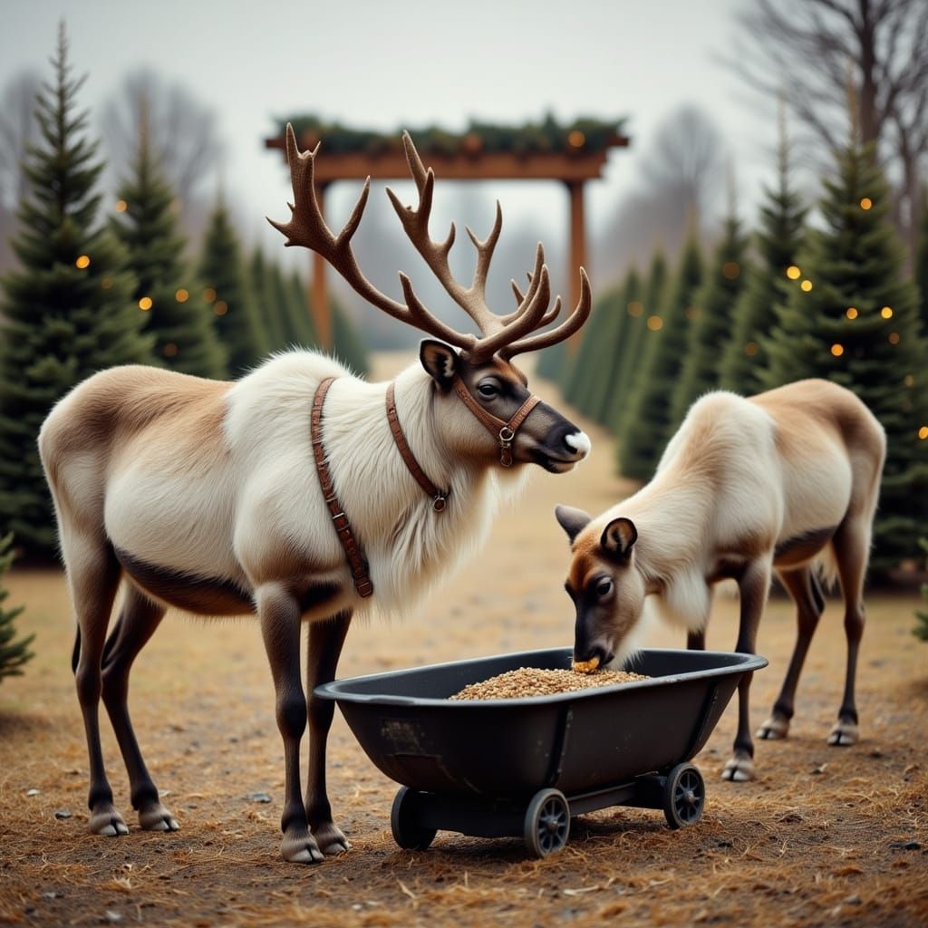 "Raindeer" getting their energy
<lora:Fairy Lights:1.0> <lora:Flux - Painterly:1.0> <lora:Antique Watercolor 2:1.0> Two majestic reindeer captured within a fenced enclosure...