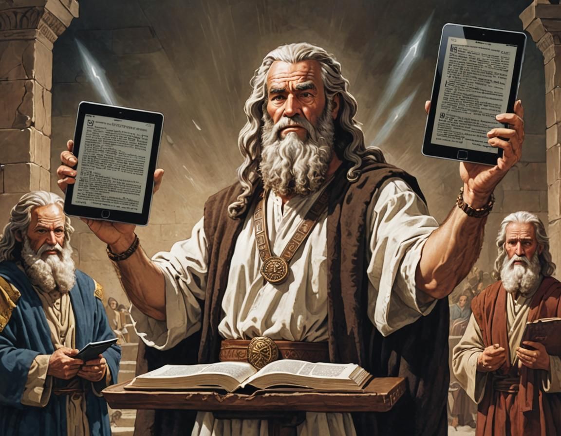 Moses holding up 2 Tablets with the Ten Commandments displayed on their screens.   by @Lexicon