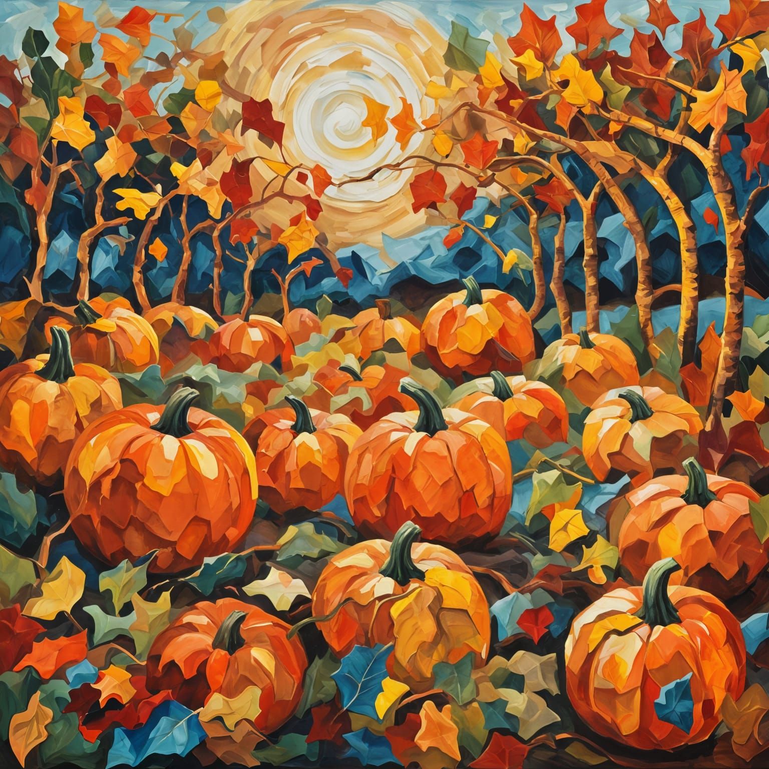 An inviting autumnal scene of a pumpkin patch with colorful leaves