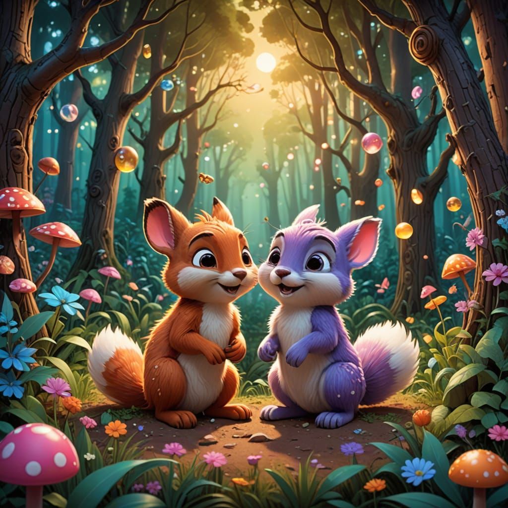 Dreamy Forest Couples in Whimsical Cartoon Style