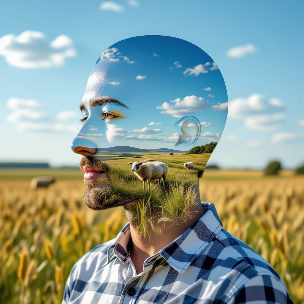 Transparent Human Figure with Goat Landscape