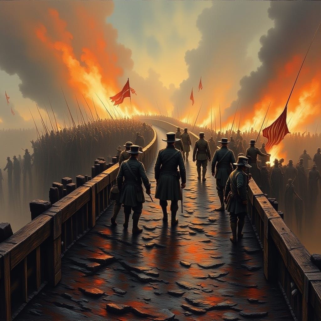 <lora:Flux Bridges:1.0>war on bridge