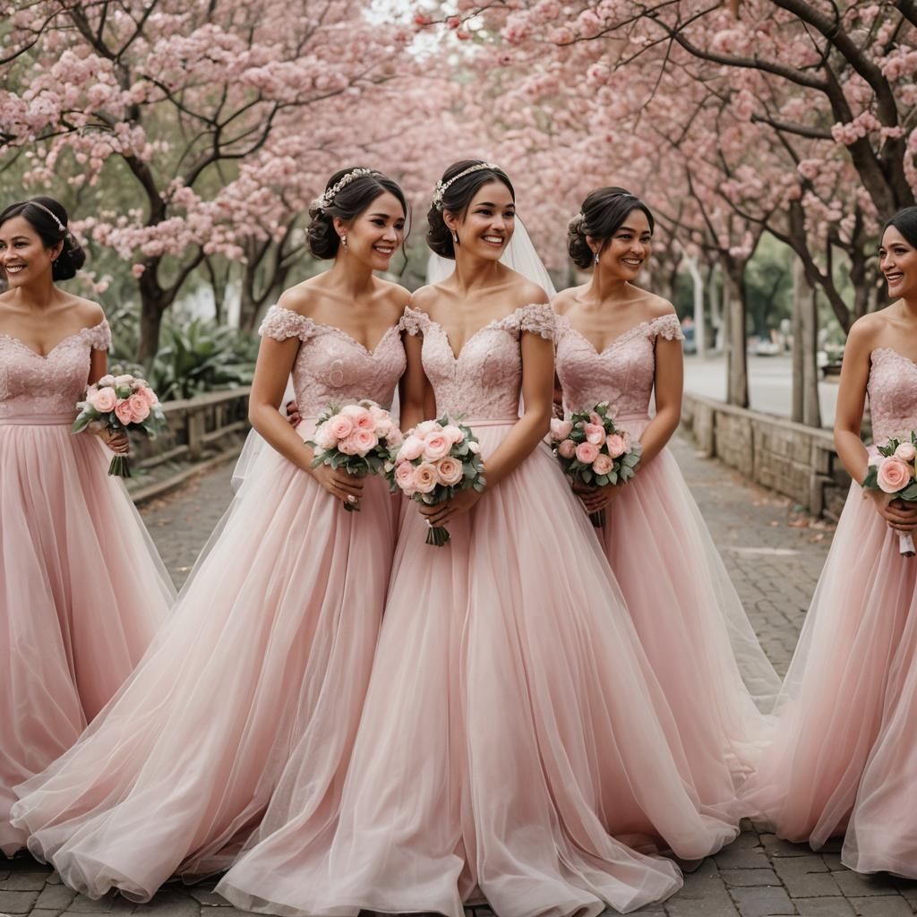 A beautiful bride wearing a dress of tule , brides maids the...