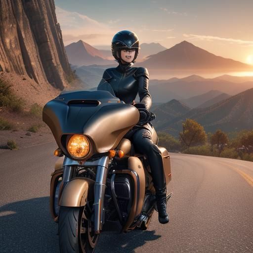 Women on Harley Mountains and sunset