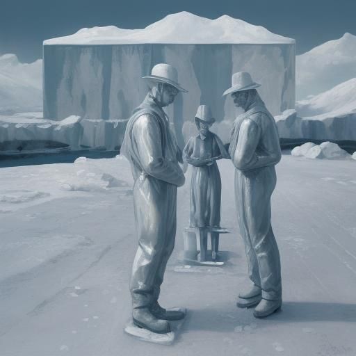 Ice workers on ice manufacture By Ernst Barlach and Rene Magritte AI