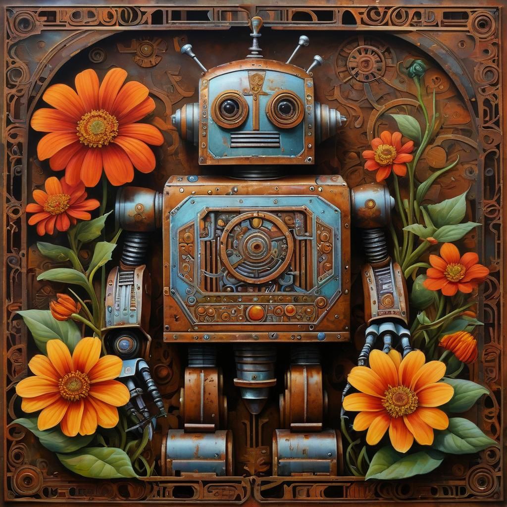 Zinnias DECORATED Rusty Robot, Oil Gouache, Geometric Patter...