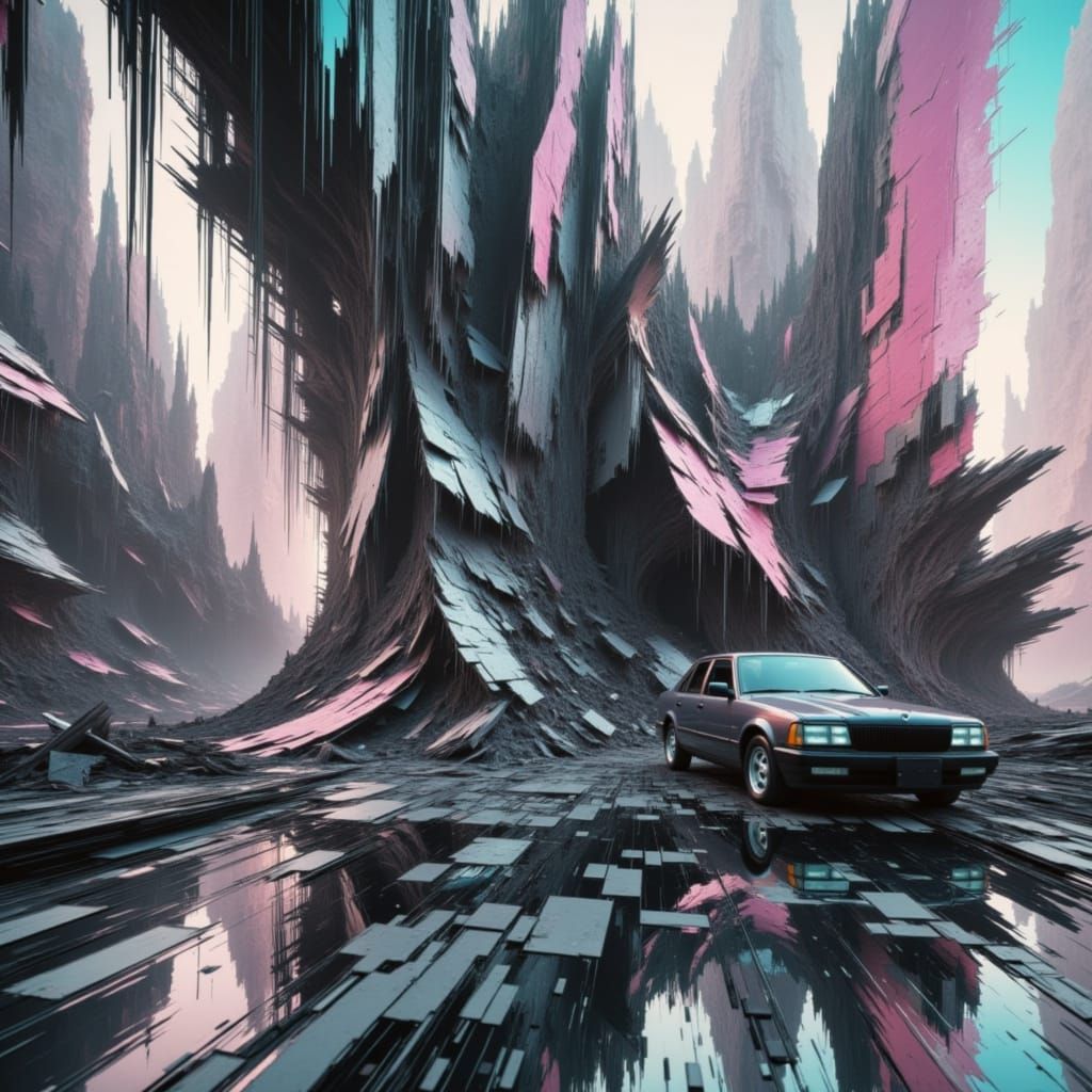 <lora:GLITCH LORA:1.0> fantasy realm distorted into fragments of obliterated digital destruction, an infinite glitch of cybernetic coding, d...