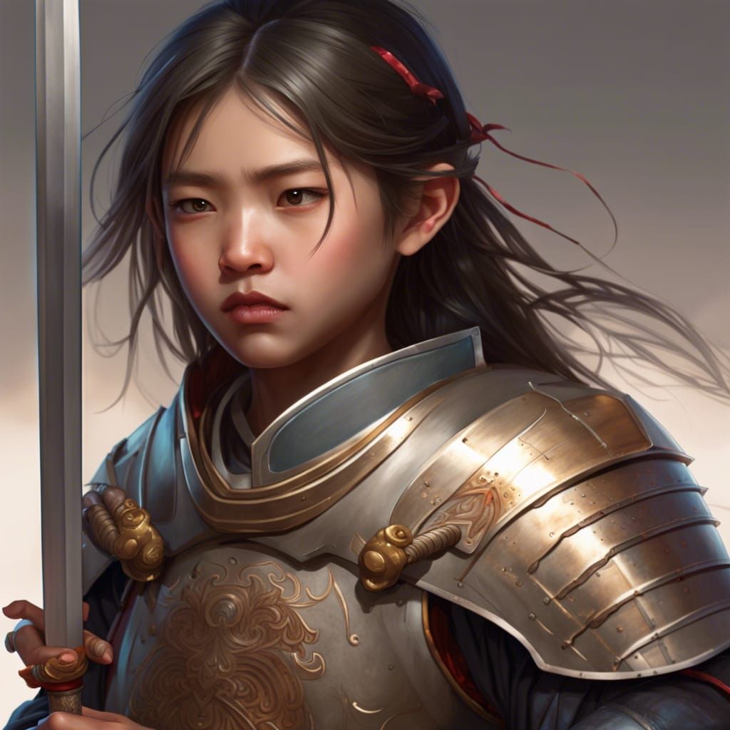 Asian tween, fighting, sword, old chinese armor, emotional, cinematic ...