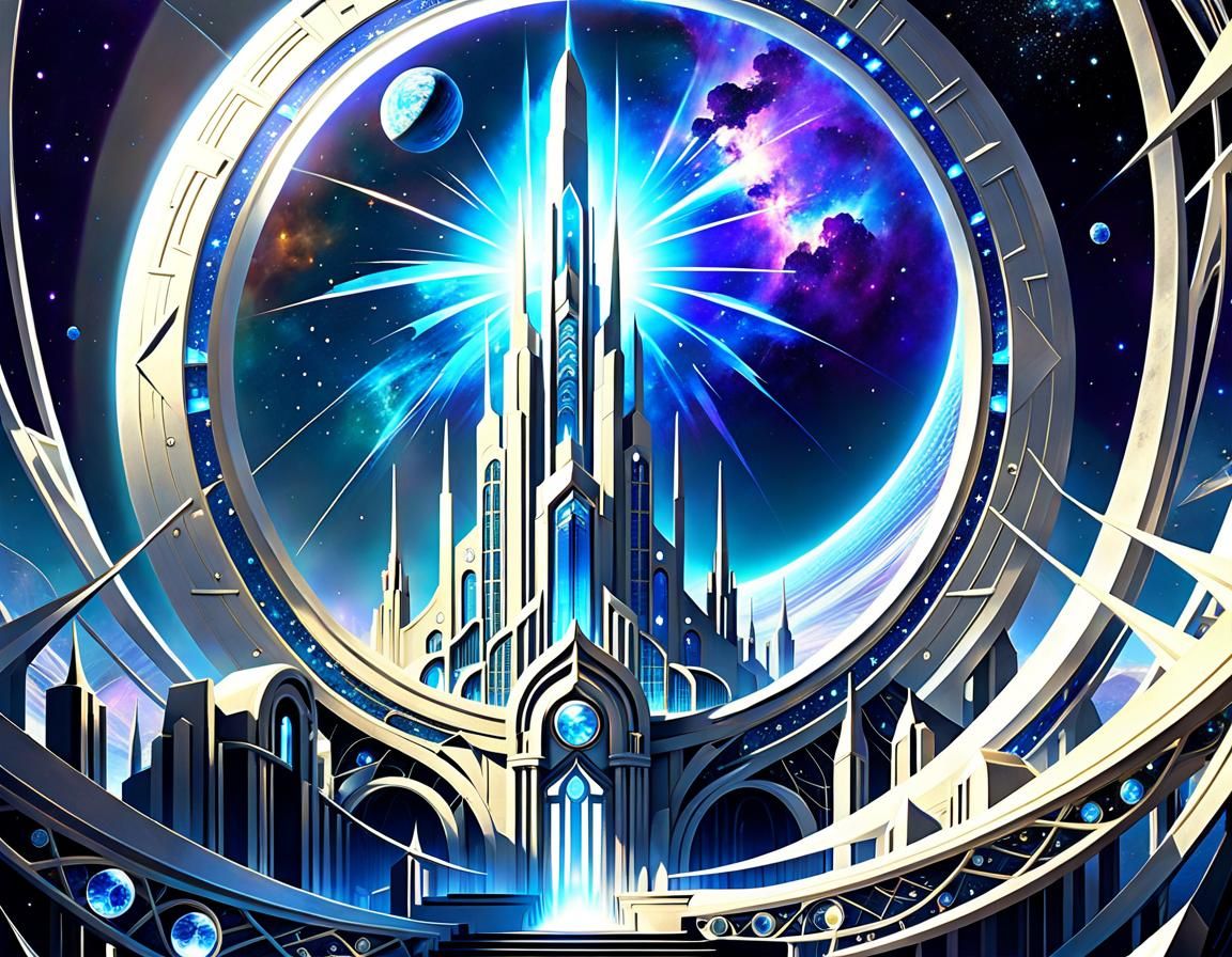 """wide space nebula, retro SF, silver and saphhire enchanted city on the moon, art-deco, art nouveau, fractals, glowing lines, quantum port...