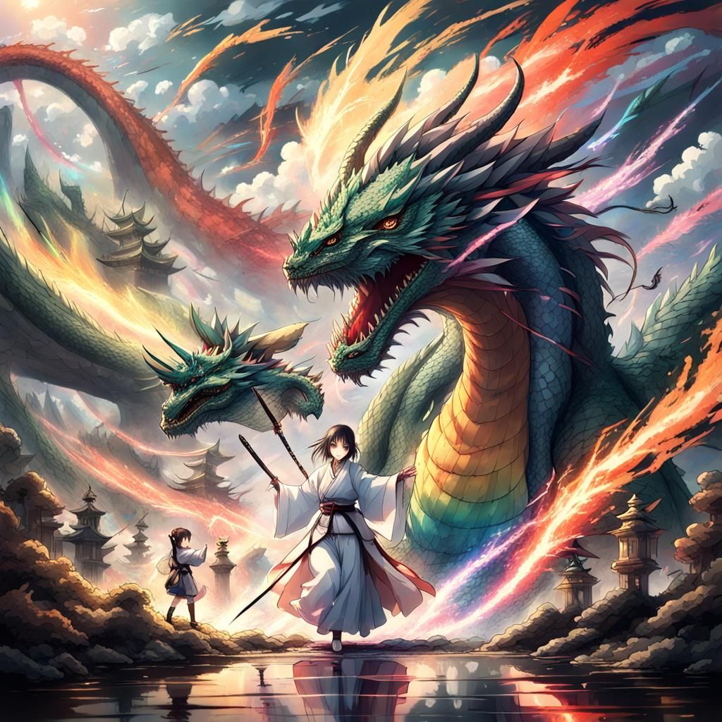 Girl with a kimono and a rainbow sword fighting with a giant dragon!  by @Marti Teruel Ventura
