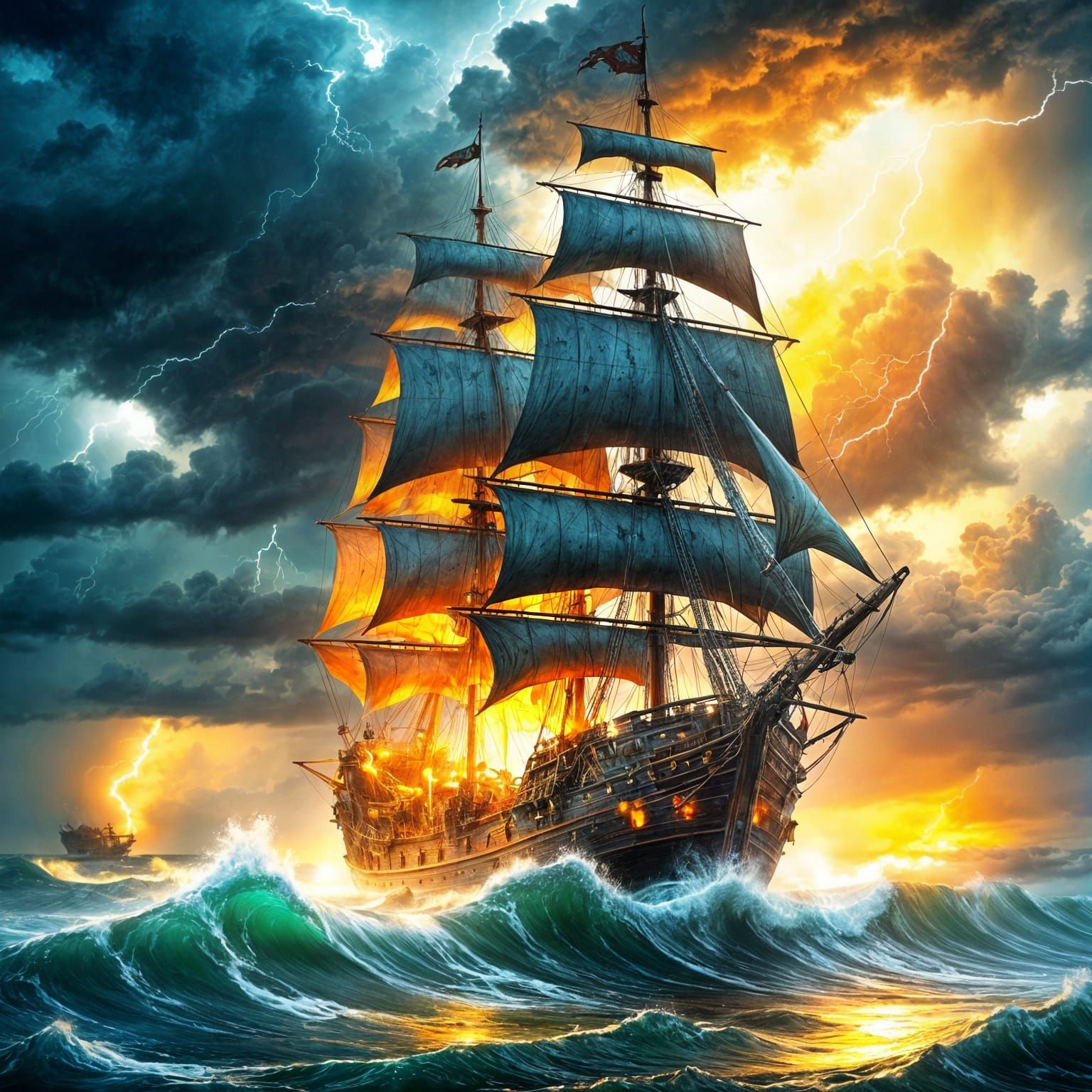 pirate ship, stormy weather,   by @Tilted25