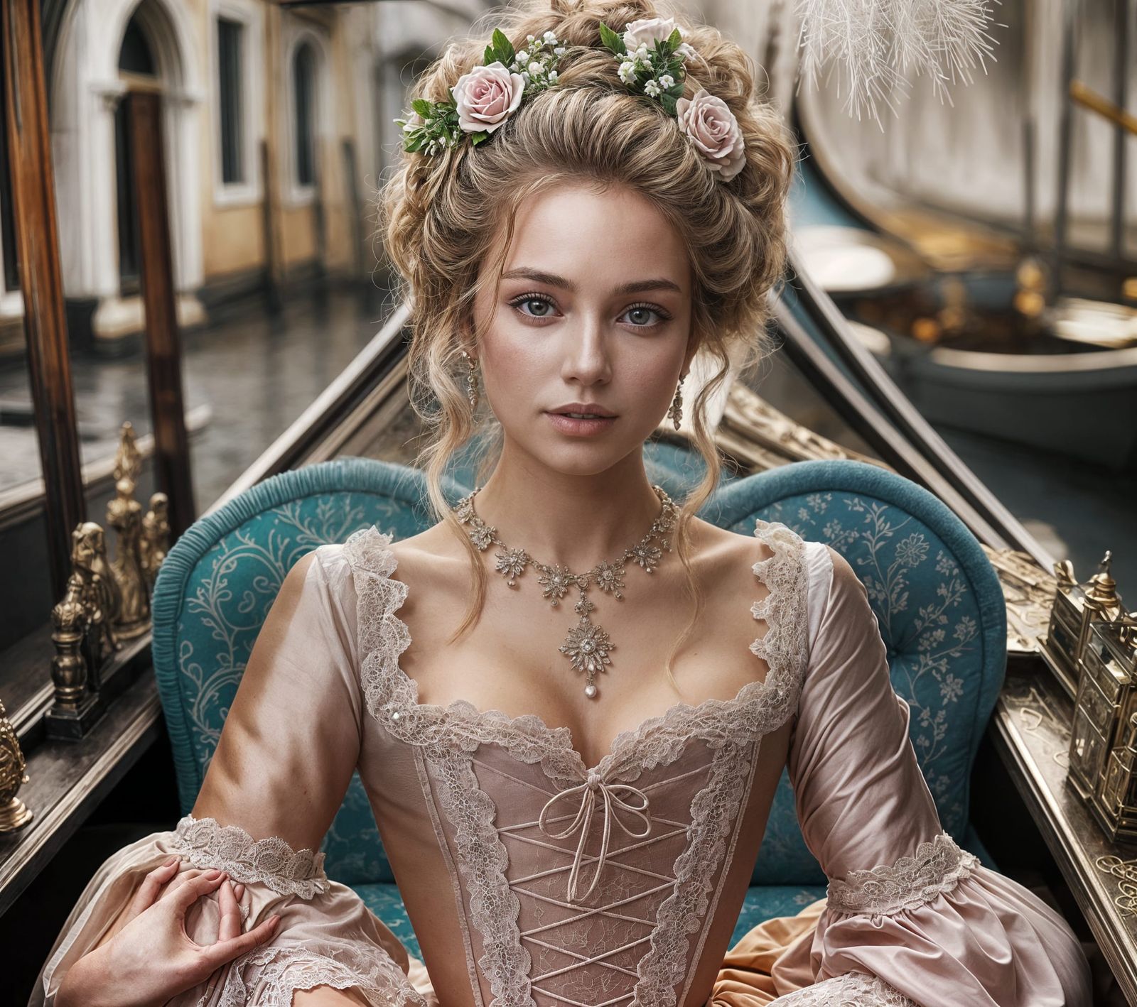 Прекрасная Венецианка в розовом платье, сидящая в гондоле