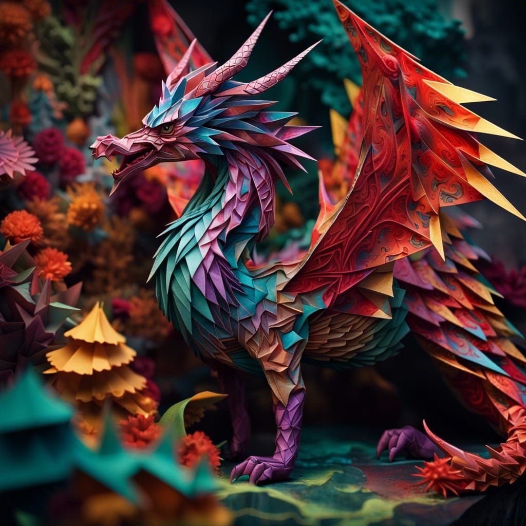 depicting a beautifully intricate origami sculpture of a mythical creature, such as a dragon or phoenix, ...  by @Serj