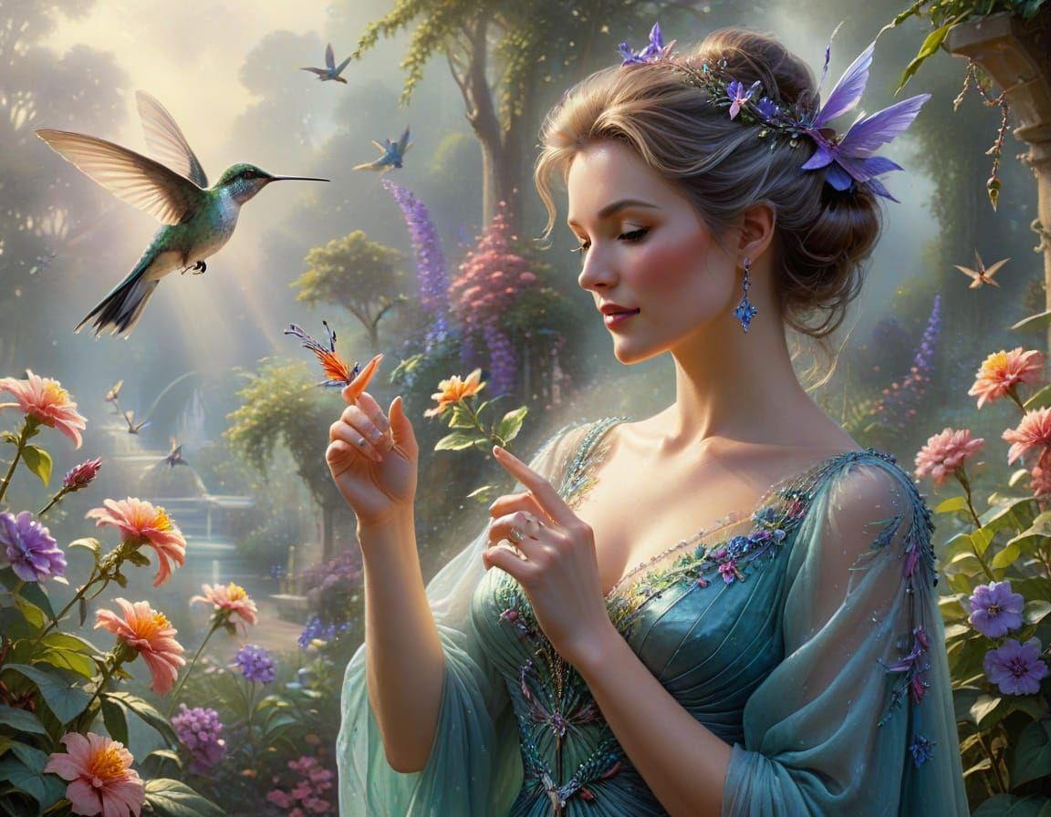 Ethereal Fantasy Portrait: Woman with Hummingbird in Garden