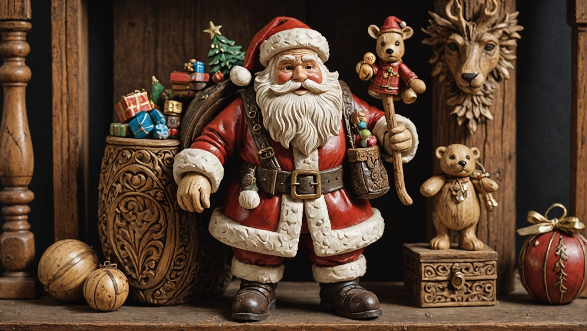 A intricately detailed carved wood Santa Claus with a deailed face and beard, his wil show the detail in fur and decorative band around the...