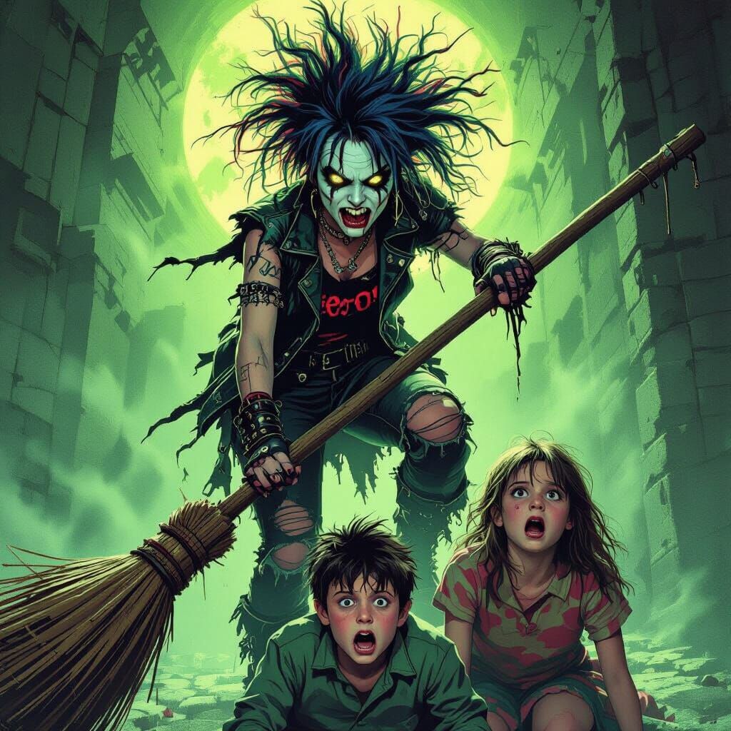 Generate me a square image inspired by an 80s horror film depicting a BEFANA on a METAL broomstick dressed in a punk style and a couple of t...
