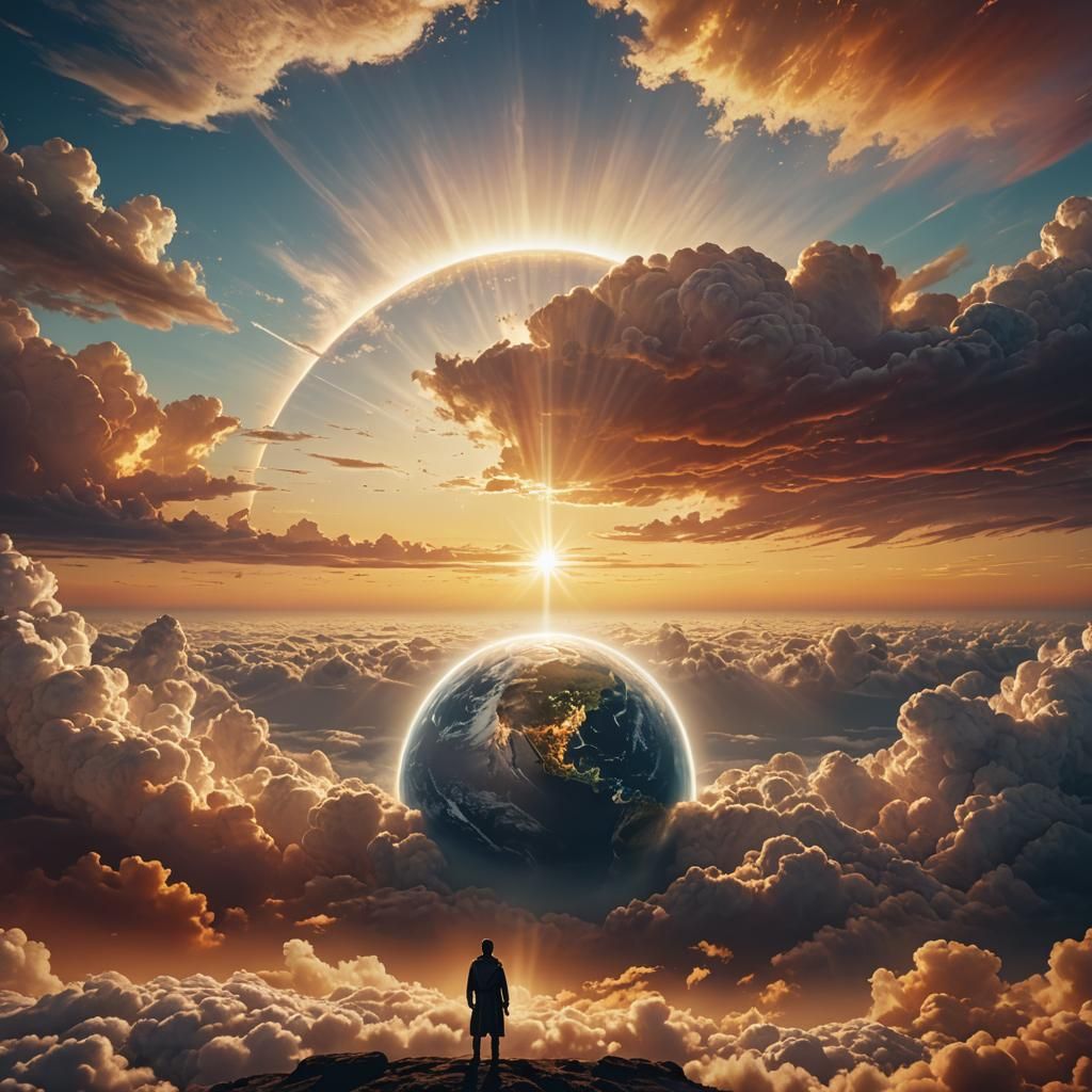 God in heaven surrounded by billowing clouds, majestic sunrise over the planet earth. glactic, magnificent, ...  by @ArtMew94