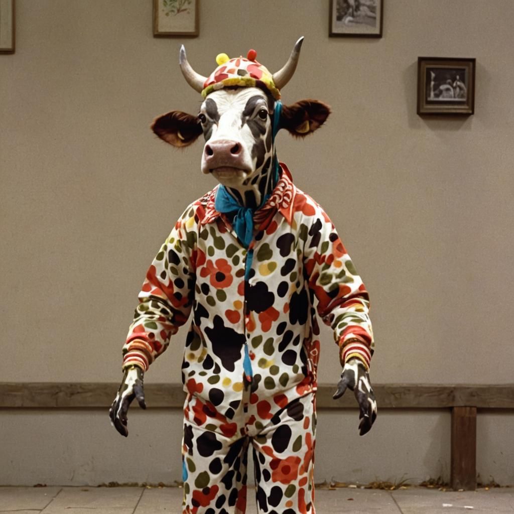 Screengrab from a 70s sitcom, a strange cow-like creature dr...