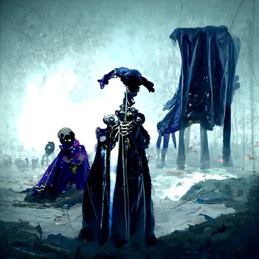 Purple black necromancer raising skeletons blue glowing cloa...