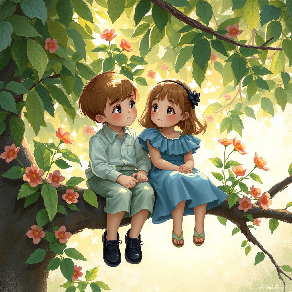 Children in Dreamy Landscape, Impressionist Style