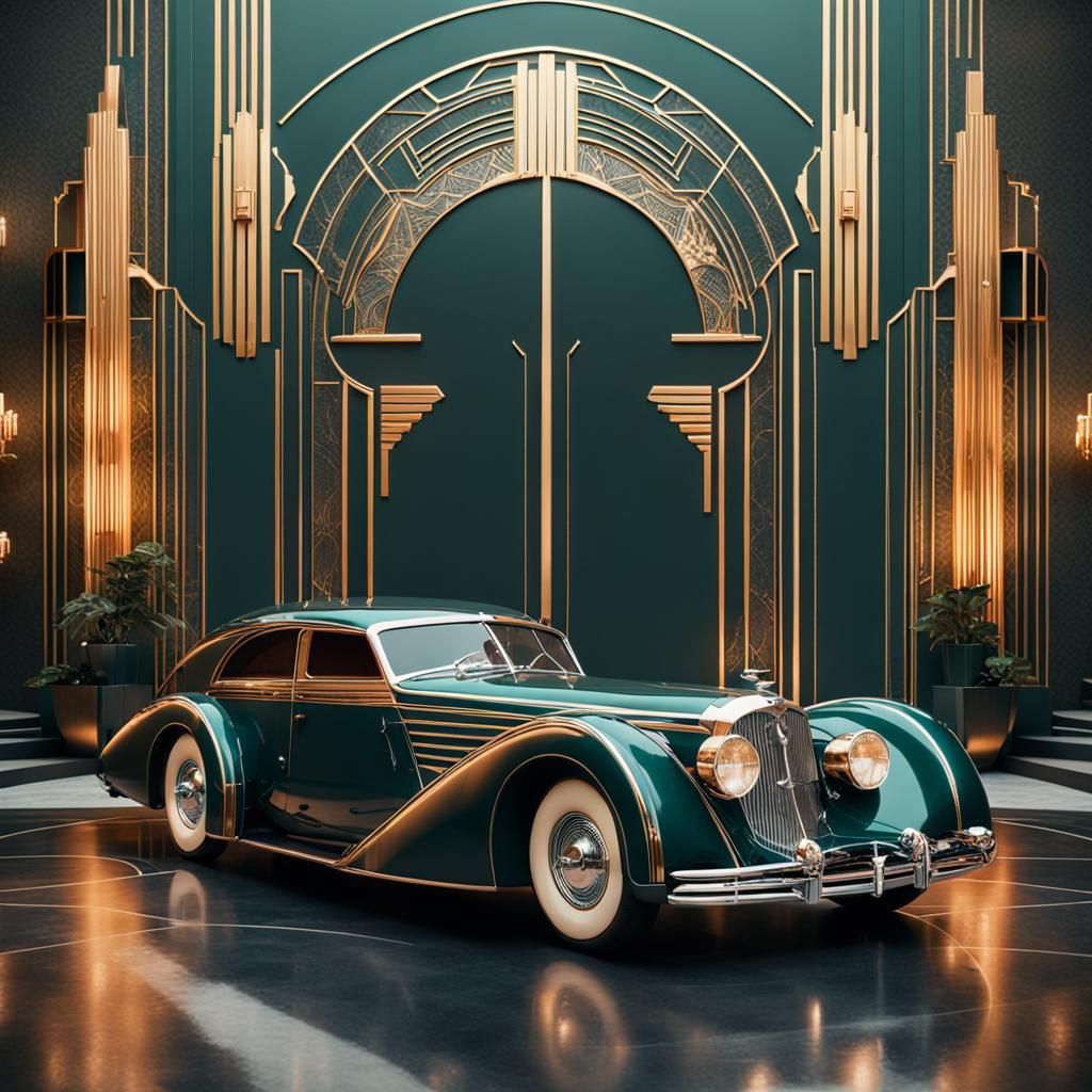 an AI-designed Art Deco-inspired car display. Infuse sleek lines, geometric patterns, and luxurious elements. ...  by @Mike