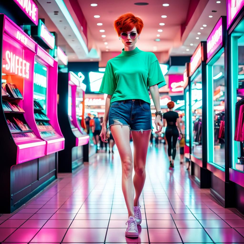Barefoot redhead girl with a pixie cut in a synthwave mall