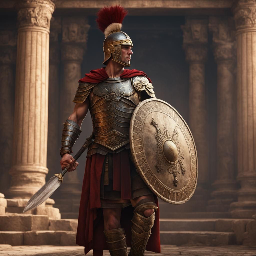 roman warrior with wall shield in front of him, and a gladius short ...