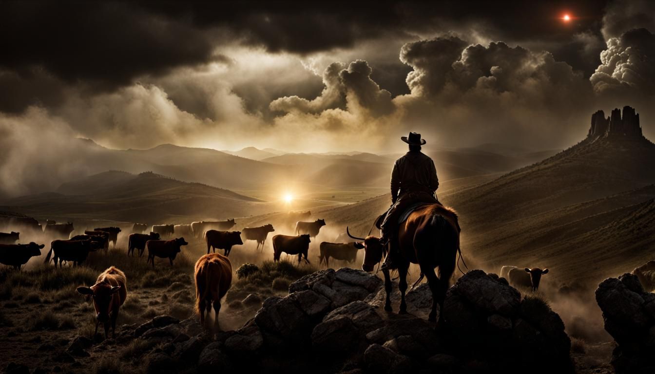 (cowboy watching ghost_cattle running far above the ground:1...