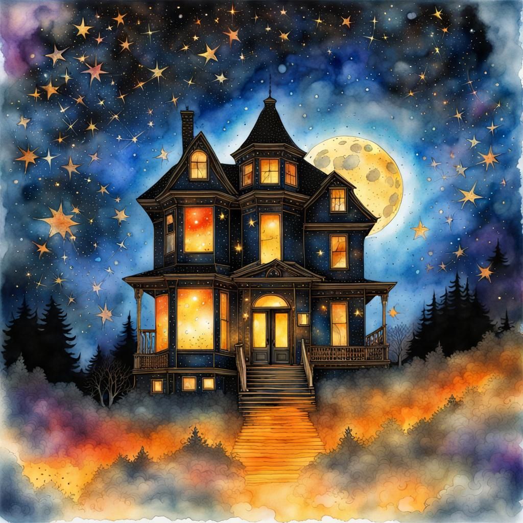 Glowing Nebulous Sky with Halloween House, Watercolor Art