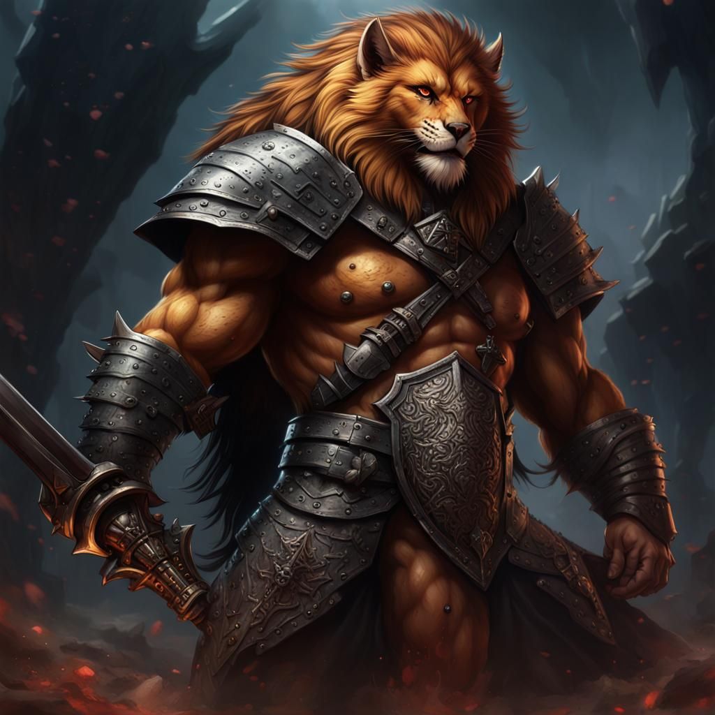 Xeroz is a fierce 6’10 leonin fighter with tawny fur, an ass...