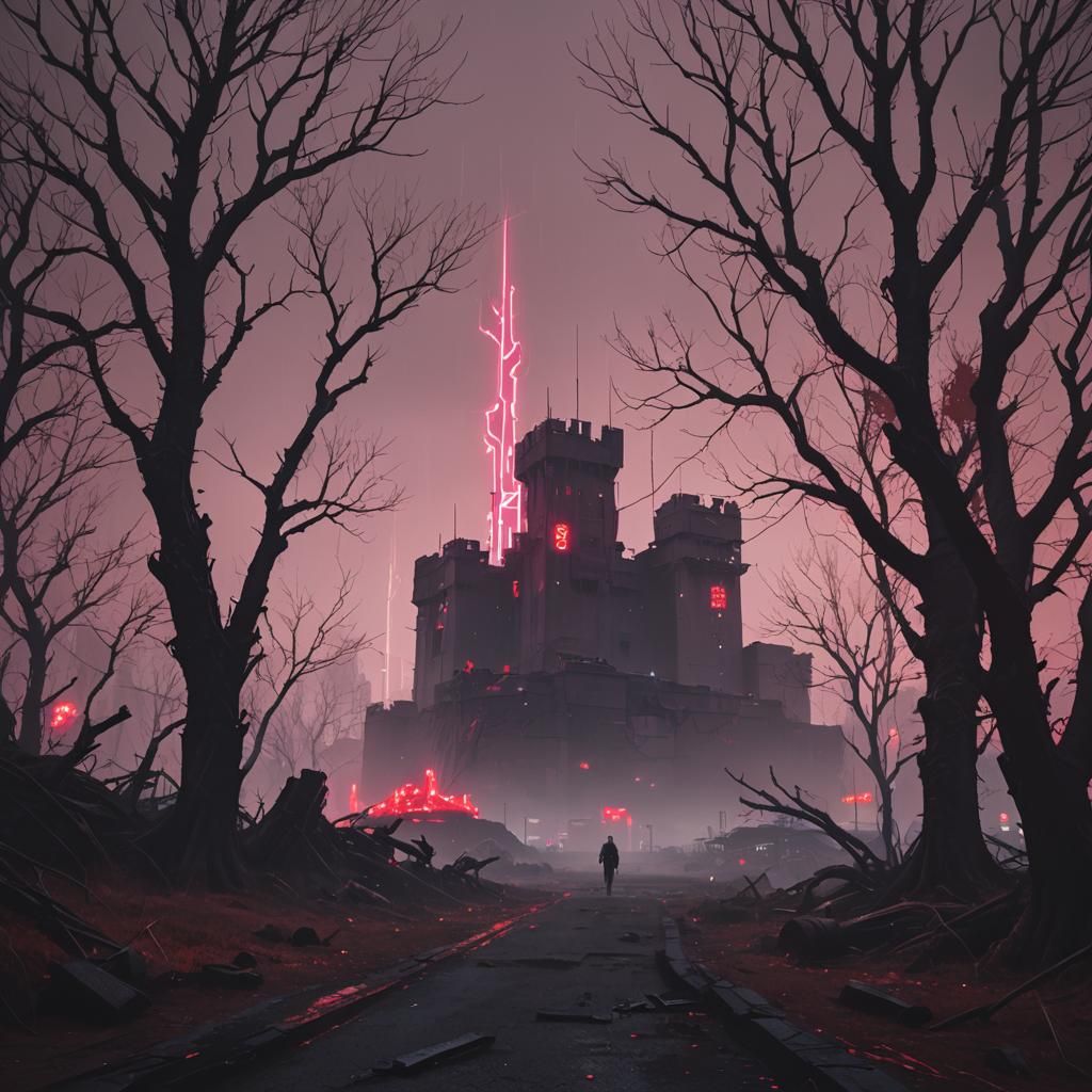 gloomy trees and a castle in the distance.