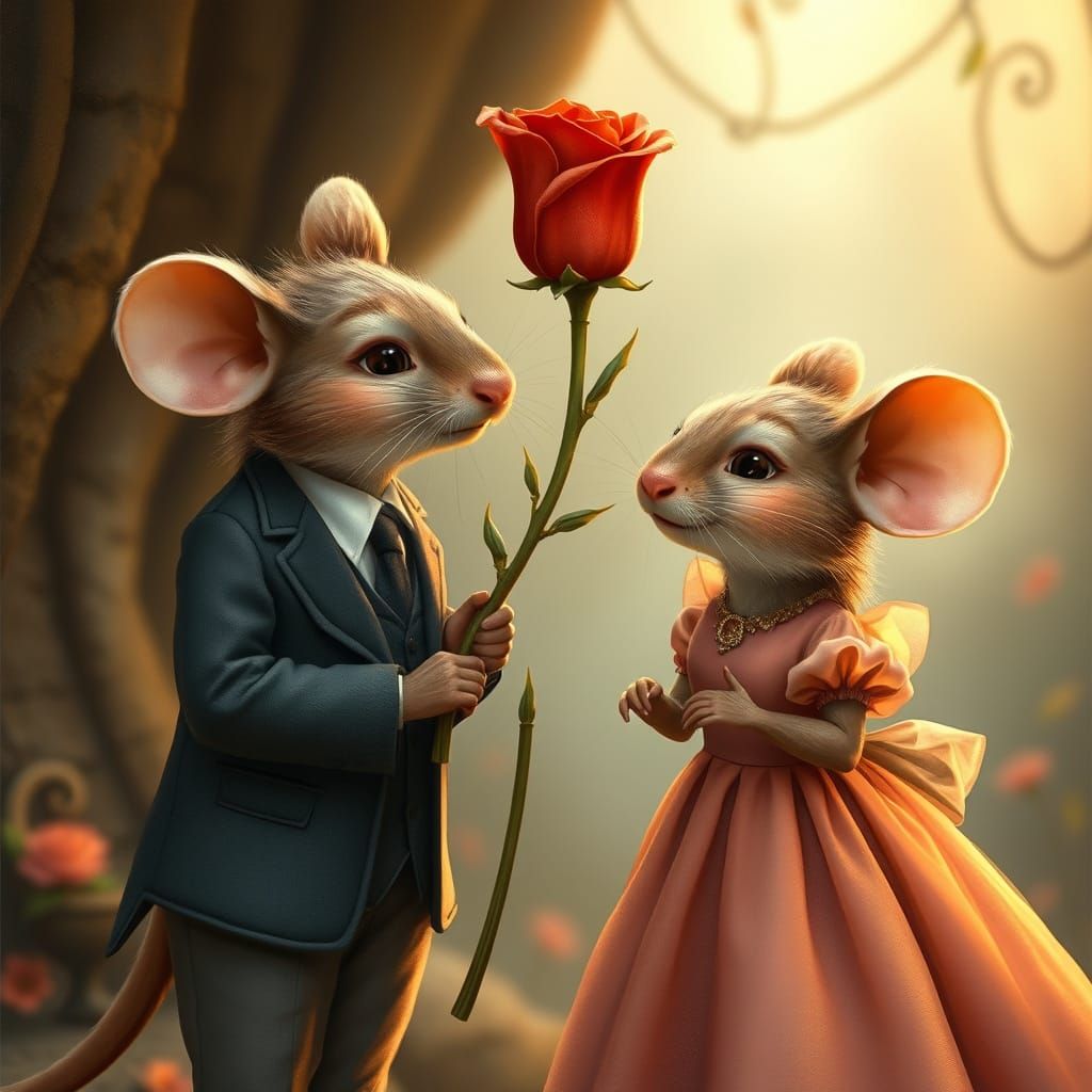 A mouse, dressed in a smart suit, is standing in front of another mouse wearing a dress.  The mouse in the suit is presenting the other mous...