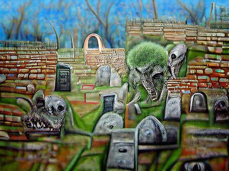 Abadoned ancient cemetery detailed painting