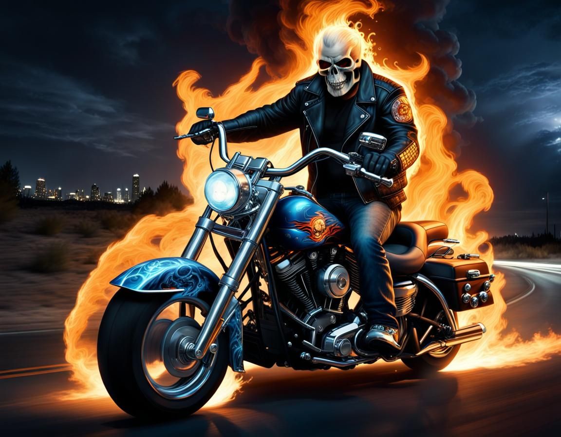 Ghostrider with burning skull ride on Harley Davidson , nightscape - AI ...