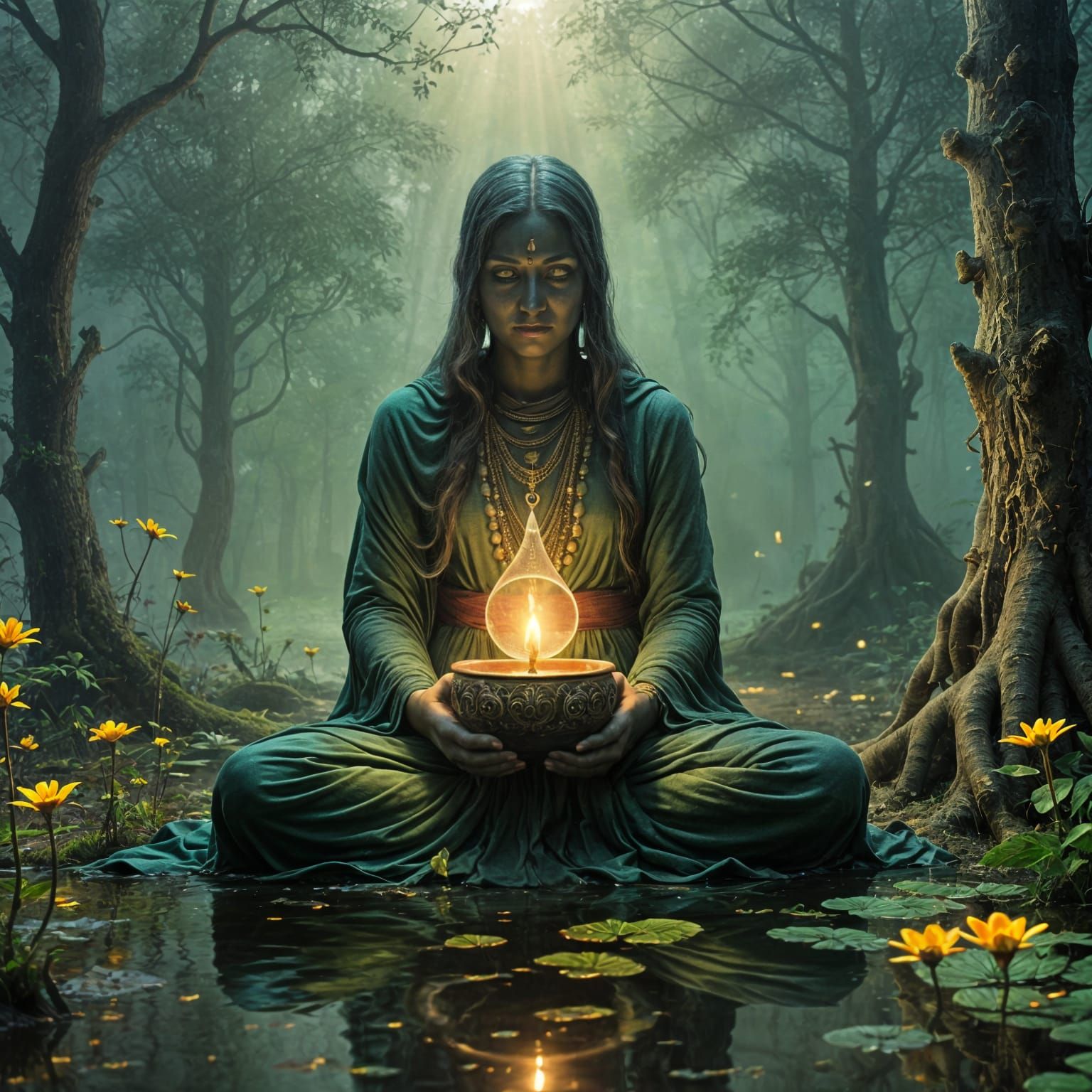 Mystical Indian Goddess with Glowing Yellow Eyes