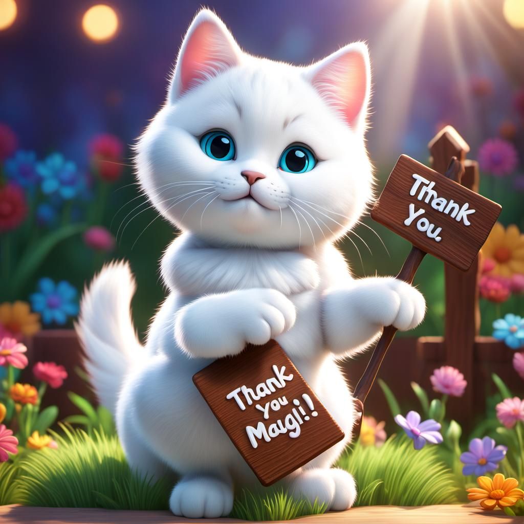 a cute white cat holding a wooden sign in its paws that says...