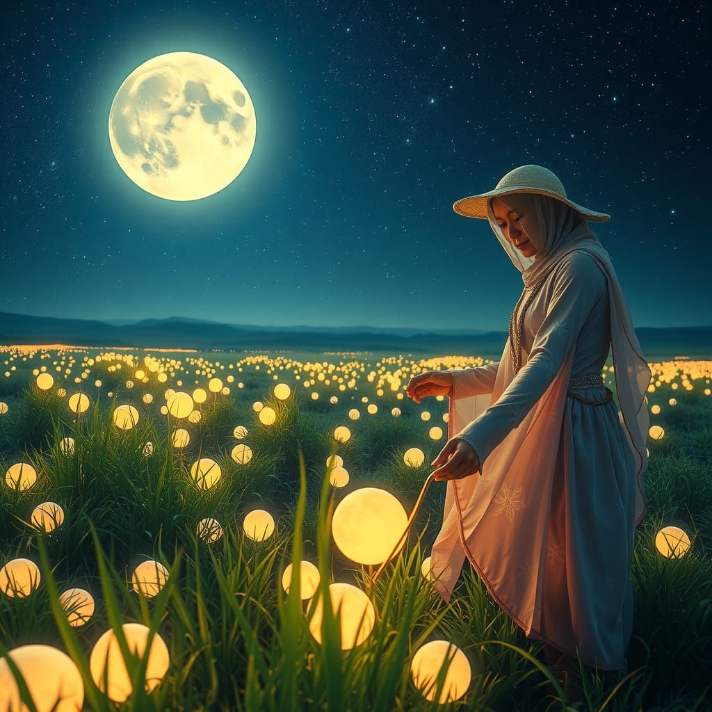 "A whimsical scene of a moon farmer harvesting small, glowing moons from vast, moonlit fields. The farmer ...  by @alsheikh joe