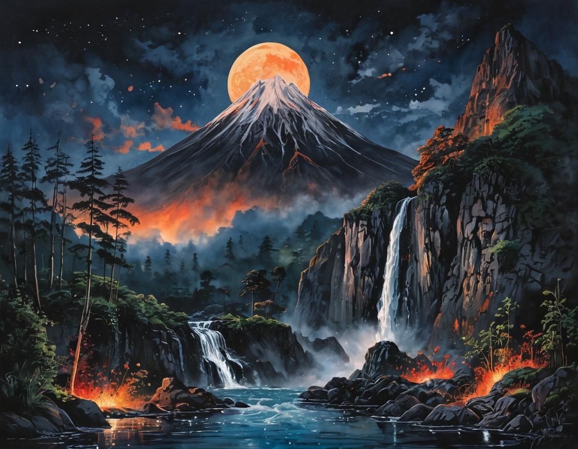 Volcano (Inky) A glorious moonrise over a tall mountain waterfall